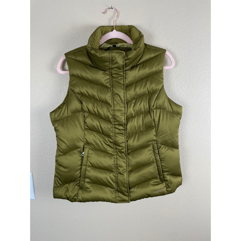 Eddie Bauer EB550 Goose Down Puffer Vest Olive Green Chevron Quilted Petite‎ L